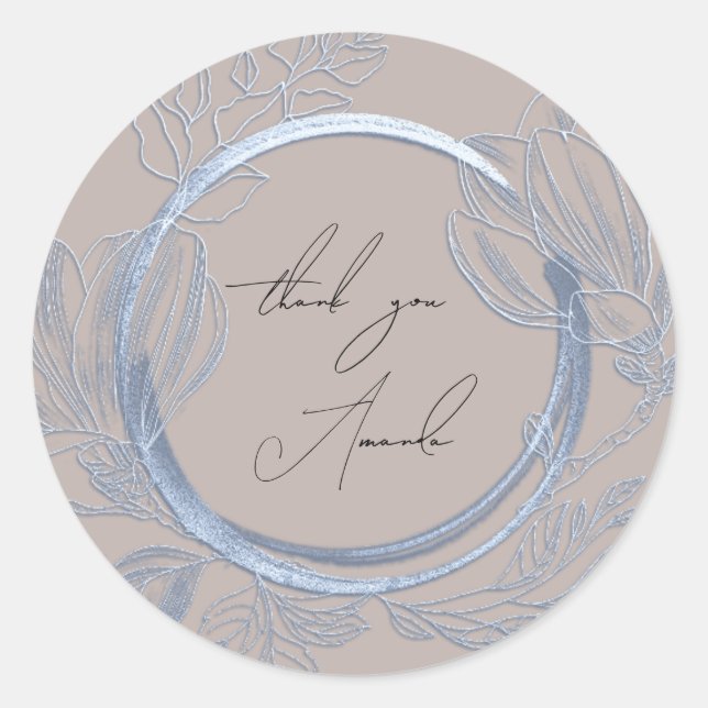 Adesivo Redondo Obrigado Nome Magnólia Floral Fumê Azul Cinza (Frente)