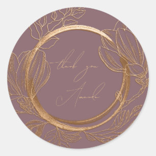 Adesivo Redondo Obrigado Nome Magnólia Jardim Floral Dourado Roxo