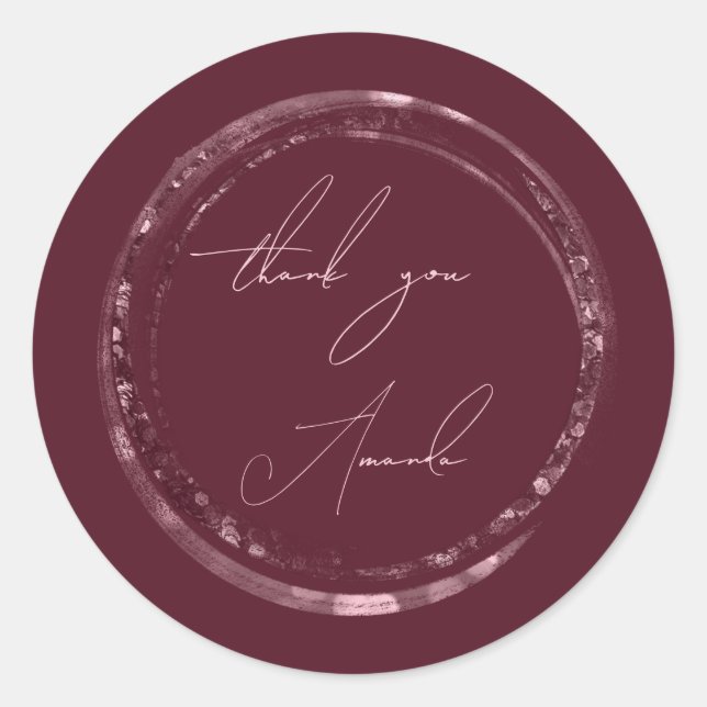 Adesivo Redondo Obrigado Nome Selo Rosa Burgundy Brilho (Frente)