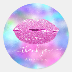 Adesivo Redondo Obrigado Nome Sweet16th Bridal Rosa Lábios Holográ