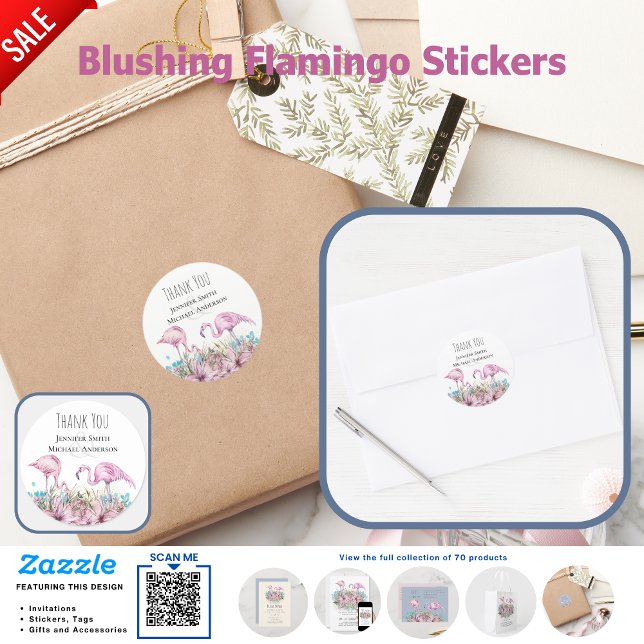 Adesivo Redondo OBRIGADO O Casamento Tropical de Praia Blushing Fl (Criador carregado)