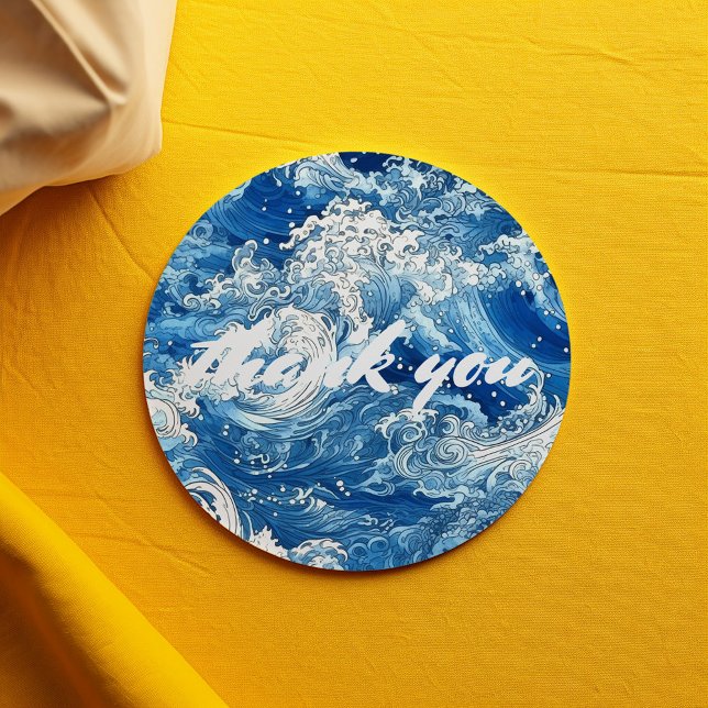 Adesivo Redondo Obrigado ondas batendo no oceano azul (Classic round stickers featuring a beautiful blue wave design.)