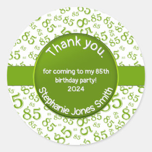 Adesivo Redondo Obrigado: Padrão Verde/Número Branco de 85 Anivers