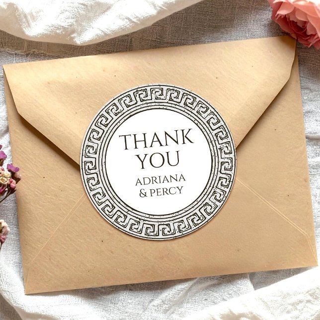 Adesivo Redondo Obrigado, Partido Grecian - Pedra - Padrão Grego (Criador carregado)