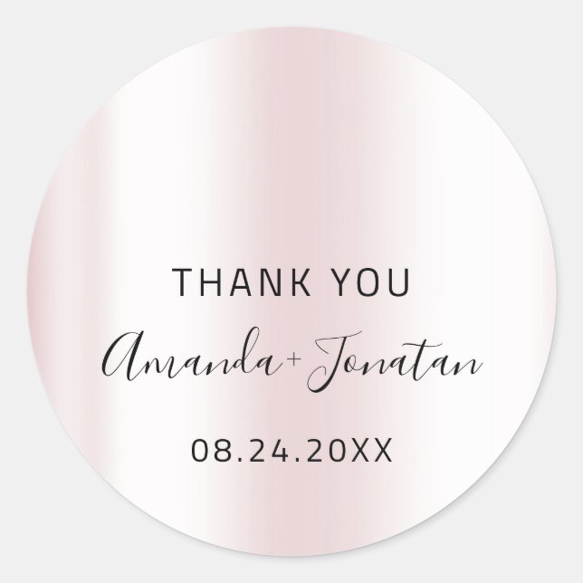 Adesivo Redondo Obrigado Pastel Blush Nome Data Preto Branco Rosa (Frente)