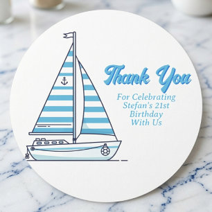Adesivo Redondo Obrigado pelo Aniversário do Barco à Vela Azul Náu
