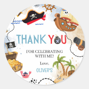 Adesivo Redondo Obrigado pelo Aniversário Pirata Ahoy Matey