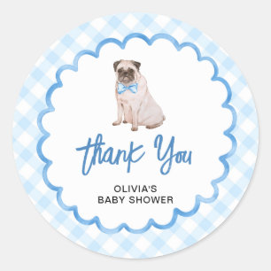 Adesivo Redondo Obrigado pelo Chá de Bebê com Xadrez Azul Cachorro