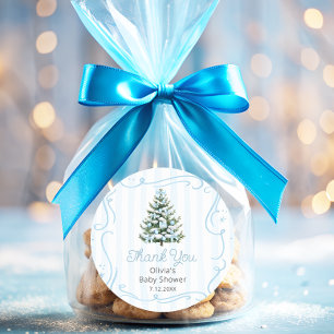 Adesivo Redondo Obrigado pelo Chá de Bebê de Inverno Azul do Natal