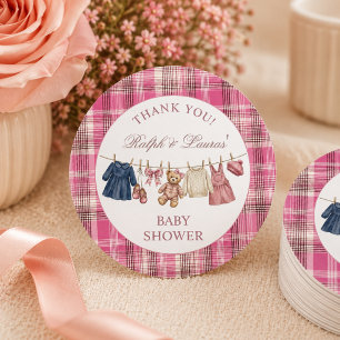 Adesivo Redondo Obrigado pelo Chá de Bebê de Luxo Rosa Urso Préppy