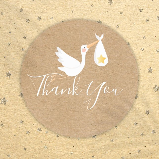 Adesivo Redondo Obrigado pelo Chuveiro de Bebê Estrela Dourada da  (Rustic Stork Gold Star Baby Shower Thank You Classic Round Sticker)