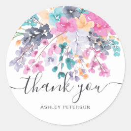 Adesivo Redondo Obrigado pelo guião seco de aquarela floral selvag