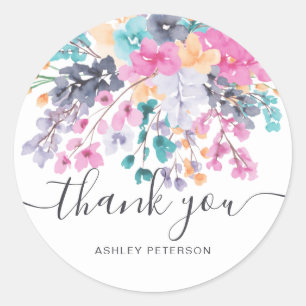 Adesivo Redondo Obrigado pelo guião seco de aquarela floral selvag