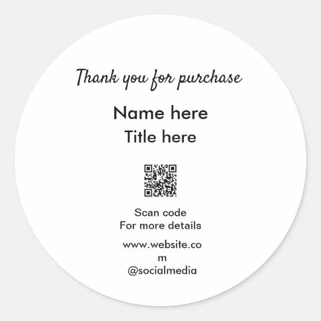 Adesivo Redondo Obrigado pelo nome de compra aqui digitalizar QR (Frente)