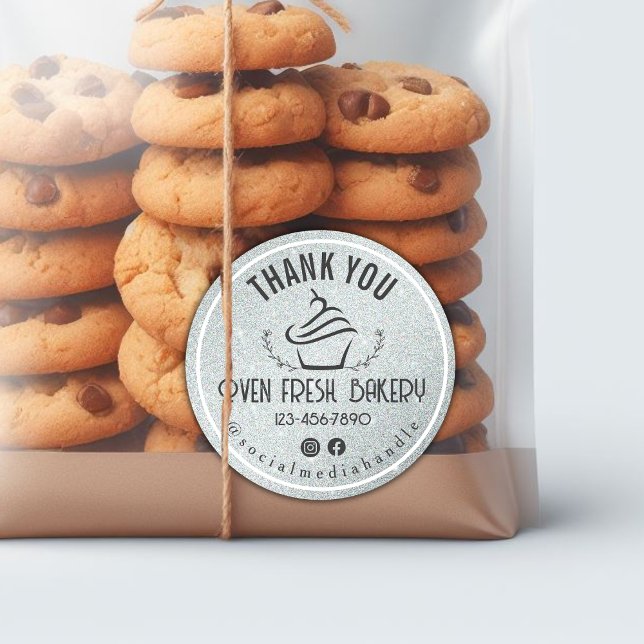 Adesivo Redondo Obrigado Pelo Seu Negócio Cupcake Padaria Prata (Criador carregado)