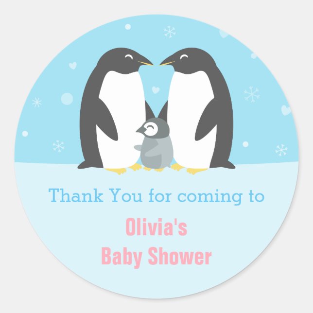 Adesivo Redondo Obrigado Penguin Family Chá de fraldas Sticker (Frente)