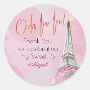 Adesivo Redondo Obrigado Pink Gold Paris Torre Eiffel Sweet 16