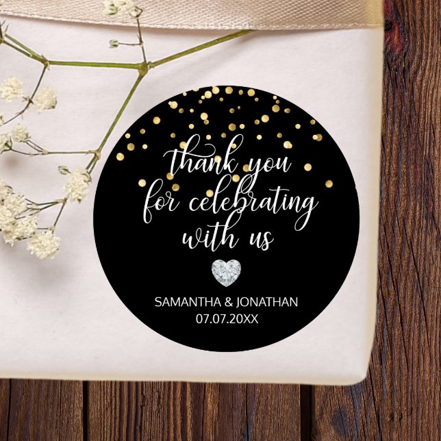 Adesivo Redondo OBRIGADO por Celebrar Casamento Dourado NEGRO (THANK YOU for Celebrating BLACK Gold Wedding Classic Round Sticker)