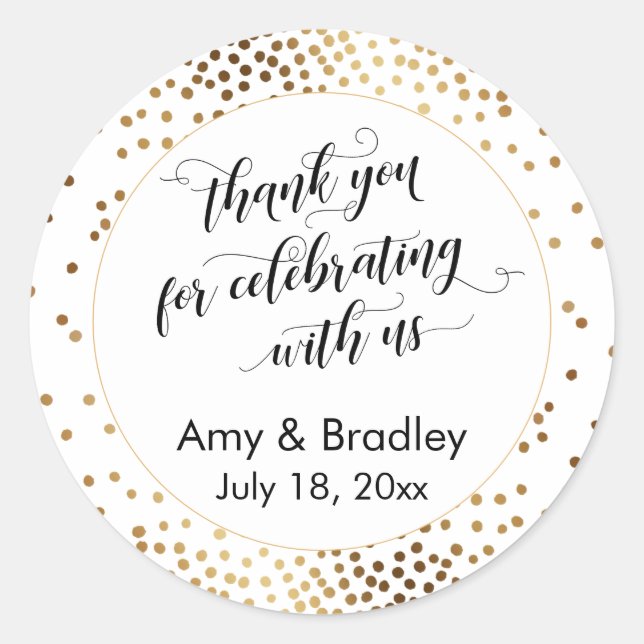 Adesivo Redondo Obrigado por celebrar conosco o Dourado Confetti (Frente)