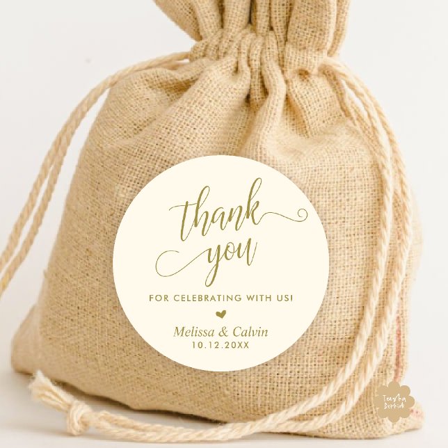Adesivo Redondo Obrigado por comemorar conosco, Casamento (Thank you for celebrating with us, Elegant Rustic Wedding Classic Round Sticker in Yellow Gold)
