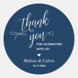Adesivo Redondo Obrigado por comemorar, Marinho Azul, Casamento