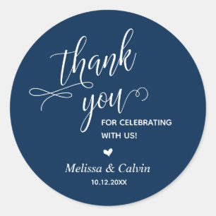Adesivo Redondo Obrigado por comemorar, Marinho Azul, Casamento