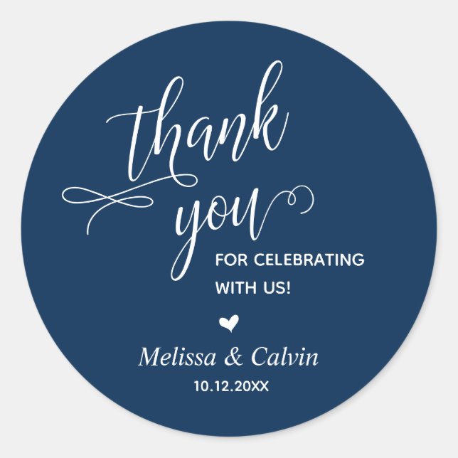 Adesivo Redondo Obrigado por comemorar, Marinho Azul, Casamento (Frente)