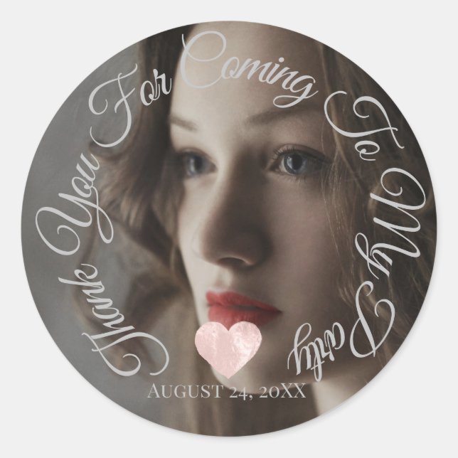 Adesivo Redondo Obrigado por Comparecer Festa de Data Foto Coração (Frente)