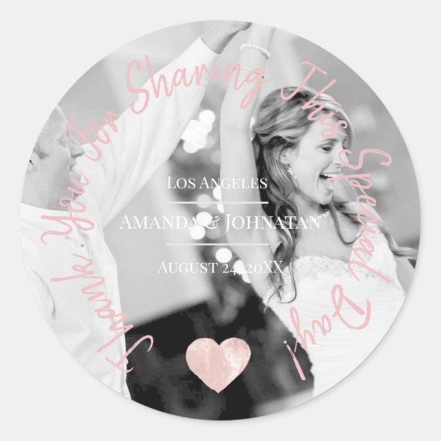 Adesivo Redondo Obrigado por compartilhar este dia especial Coraçã (Frente)