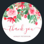 Adesivo Redondo Obrigado por escrever "Red Green Christmas floral"<br><div class="desc">Obrigado por escrever o tradicional floral verde de Natal com pintura manual de castanho,  flores vermelhas e árvore de pinheiro verde,  perfeito para o inverno e feriados.</div>