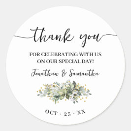 Adesivo Redondo Obrigado Por Eucalyptus Dourado Casamento Glitter