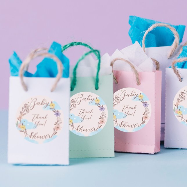 Adesivo Redondo Obrigado por sua terra floral Nuvem e Estrelas (Thank You flower wreath Cloud & Stars Classic Round Sticker)