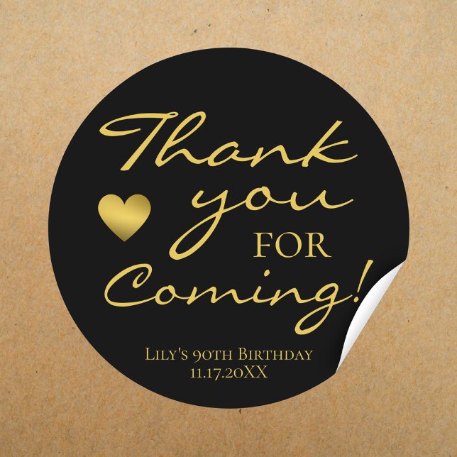 Adesivo Redondo Obrigado Por Ter Vindo Dourado Escrito Aniversário (Thank You for Coming Black & Gold Round Birthday Sticker)