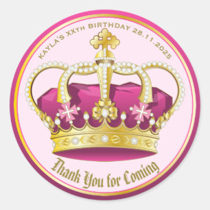 Adesivo Redondo Obrigado por vir a Dourada Coroa Rosa Rosa, Menina