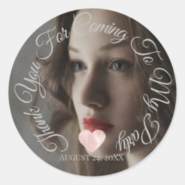 Adesivo Redondo Obrigado por Vir à Festa Data Foto Coração