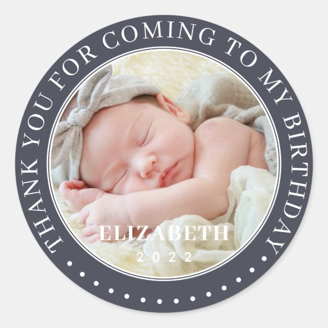 Adesivo Redondo Obrigado Por Vir À Minha Foto Moderna De Aniversár (Frente)