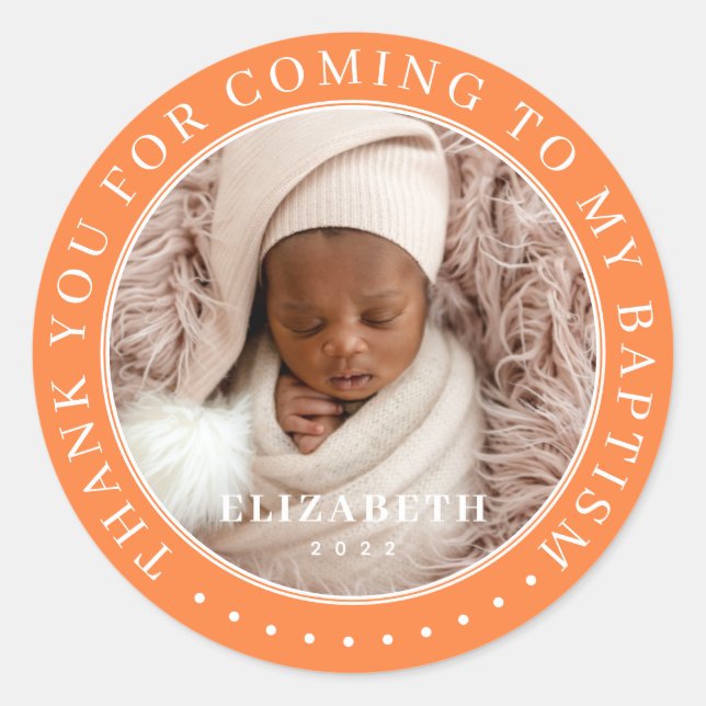 Adesivo Redondo Obrigado Por Vir À Minha Foto Moderna Do Batismo (Frente)