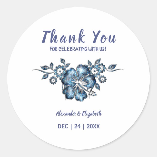 Adesivo Redondo Obrigado por vir casamento, Flor Azul (Frente)