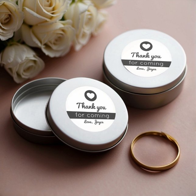 Adesivo Redondo Obrigado por Vir Heart Moderno Preto e Branco (Thank You Stickers on Favor Tins)