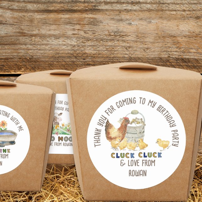 Adesivo Redondo Obrigado por virem a Fazenda de frango no aniversá (Farm theme birthday party stickers inspired by old macdonald nursery rhyme
)