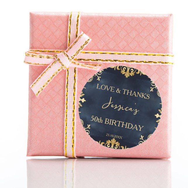 Adesivo Redondo Obrigado preto e festa de aniversário dourado a se (Black and gold birthday party thank you favor sticker elegant party favors)