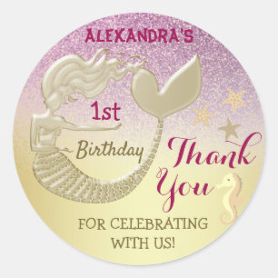 Adesivo Redondo Obrigado primeiro aniversario Sereia Rosa e Dourad