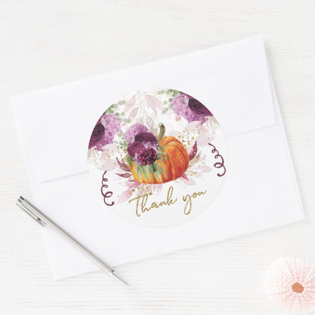 Adesivo Redondo Obrigado Pumpkin, Flores de Borgonha (Envelope)