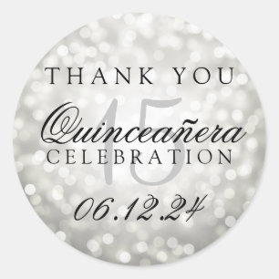 Adesivo Redondo Obrigado Quinceanera Birthday Silver Bokeights