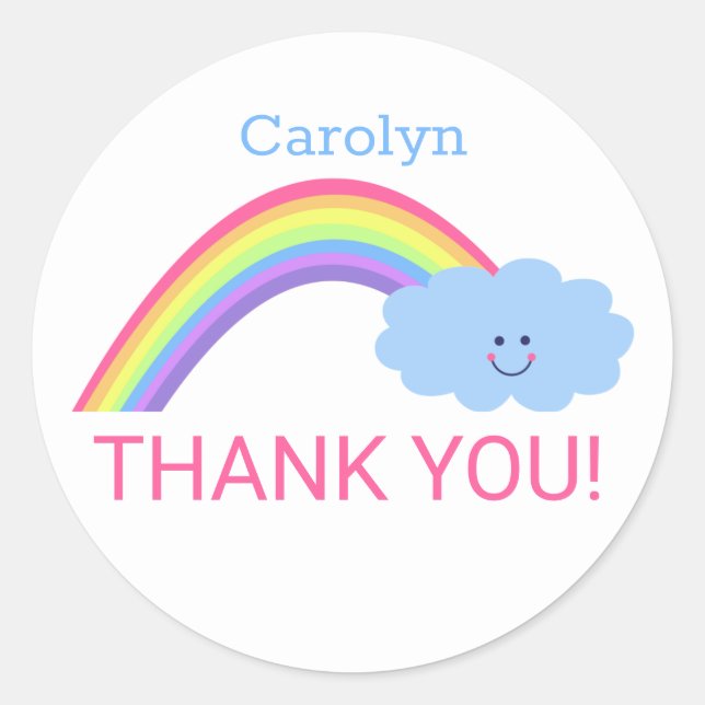 Adesivo Redondo OBRIGADO Rainbow, nuvem sorridente. Seu nome (Frente)