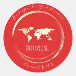 Adesivo Redondo Obrigado Red Dourado Mapa do Mundo Viajando Globo