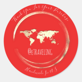 Adesivo Redondo Obrigado Red Dourado Mapa do Mundo Viajando Globo