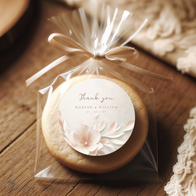 Adesivo Redondo Obrigado romântico de casamento floral rosa você (Thank you sticker with blush pink/ beige floral print)