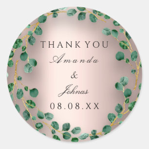 Adesivo Redondo Obrigado Rosa Blush Eucalyptus Greenery Casamento