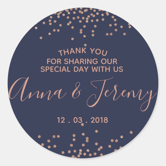 Adesivo Redondo Obrigado Rosa Dourado e Marinho Blue Confetti Stic (Frente)